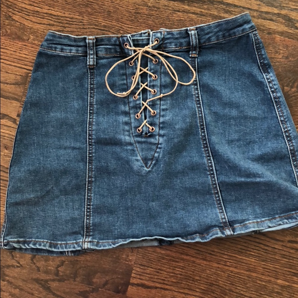 Lace up jean skirt